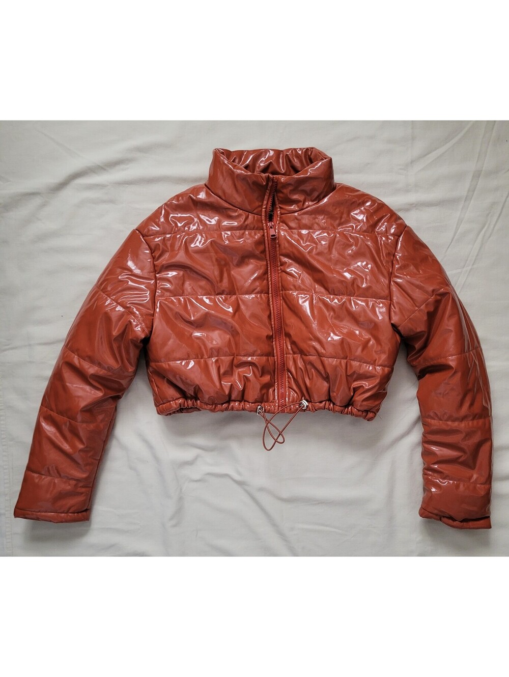 Daisy Women's Small Rust Orange Glossy Cropped Puffer Jacket Y2K - NEW